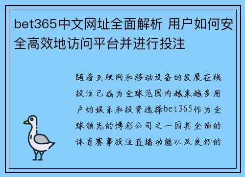 bet365中文网址全面解析 用户如何安全高效地访问平台并进行投注