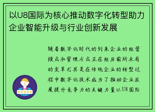 以U8国际为核心推动数字化转型助力企业智能升级与行业创新发展